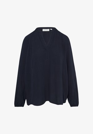 Navy blue long-sleeve shirt with a V-neckline, gathered shoulders, and a loose, flowing silhouette. Made of lightweight fabric.