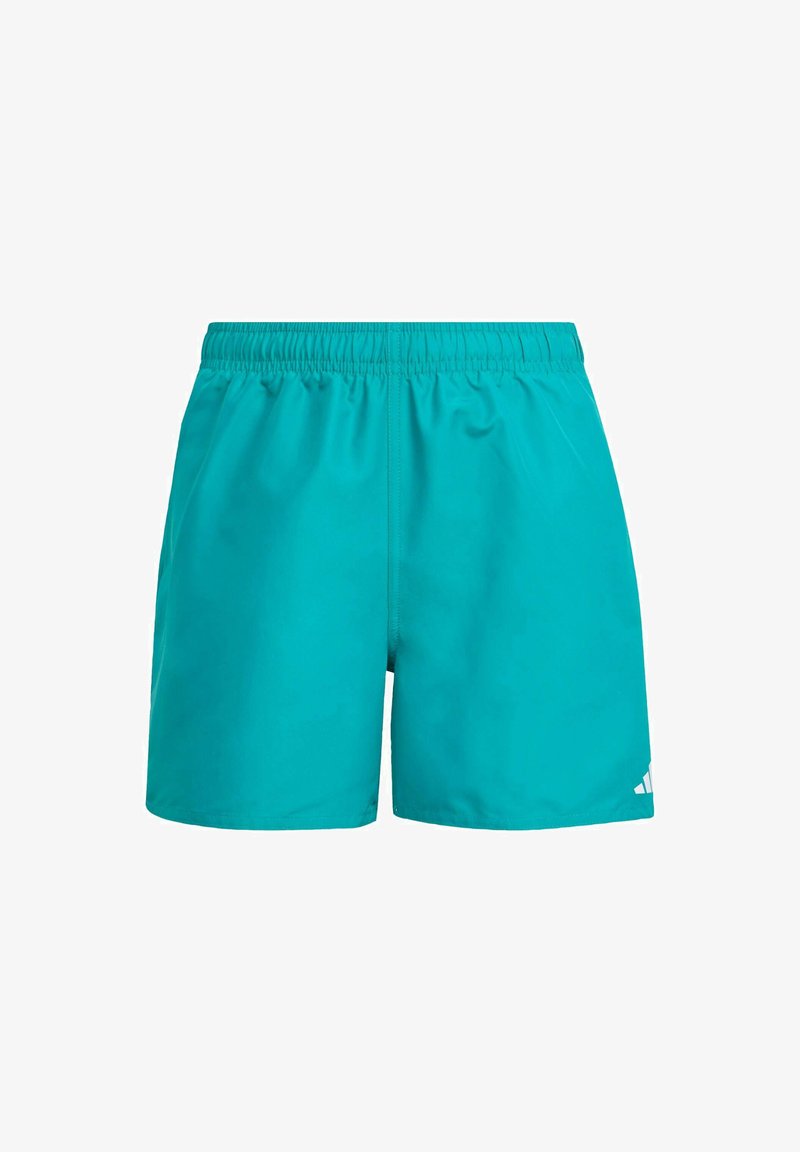 Tyrkysové plavkové šortky vyrobené z ľahkej tkaniny. Majú elastický pás a diskrétny biely logo akcent na dolnej pravej strane.
