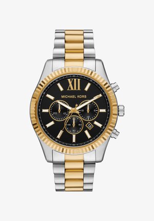 Silberne und vergoldete Metallarmbanduhr mit schwarzem Zifferblatt, römischer Ziffer XII, Chronographenunterziffern und Datumsanzeige auf 6 Uhr.