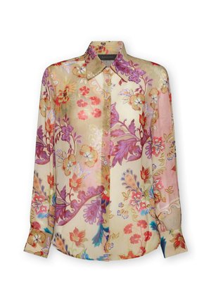Long-sleeve button-up shirt with a colorful floral and paisley pattern in pink, purple, red, blue, and beige tones.
