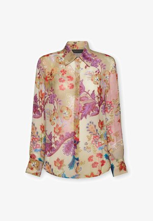 Long-sleeve button-up shirt with a colorful floral and paisley pattern in pink, purple, red, blue, and beige tones.