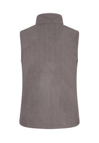 Gilet in pile grigio con colletto alto, design senza maniche, texture liscia e senza chiusure o decorazioni visibili sul retro.