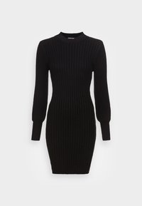 Robe ajustée noire en maille côtelée à manches longues, col rond haut et manches à revers, longueur genou.