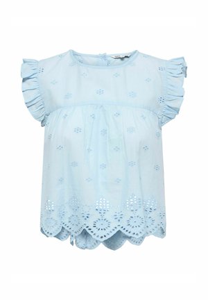 Bluza albastru deschis fără mâneci, cu mâneci volănașe, broderie cu găurele și detalii la tiv în formă de valuri.