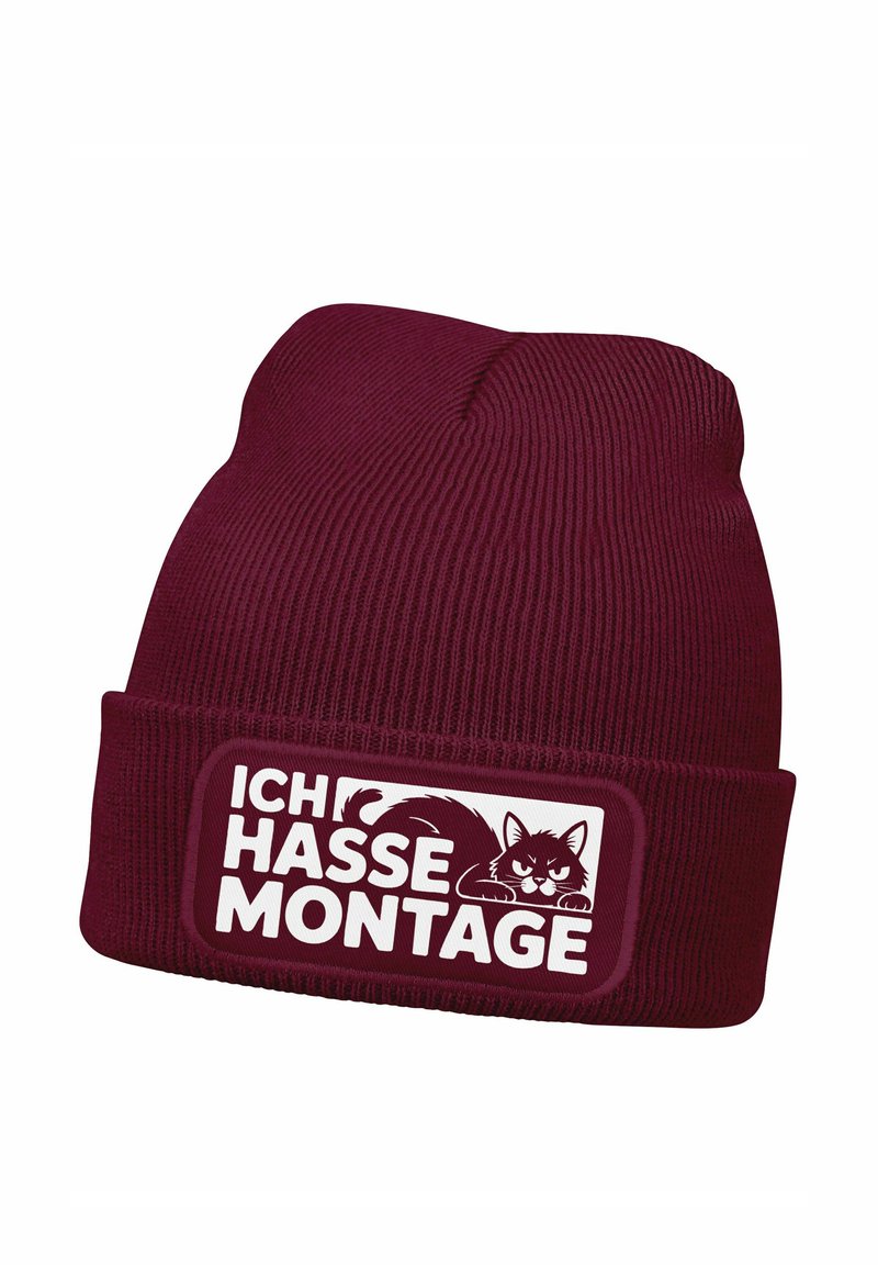Maroon knit beanie with a folded cuff, featuring a white patch displaying the text "ICH HASSE MONTAGE" and a black cat graphic.