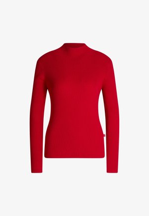 Maglione a collo alto a coste rosse con maniche lunghe, caratterizzato da una superficie liscia e un design aderente. Piccolo etichetta del logo sul lato.