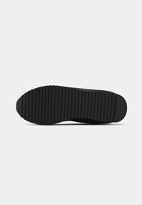 Sole de pantof negru cu striuri orizontale adânci și o ușoară curbă, fundal plat, arătând modelul de profil și brandingul Calvin Klein aproape de toc.