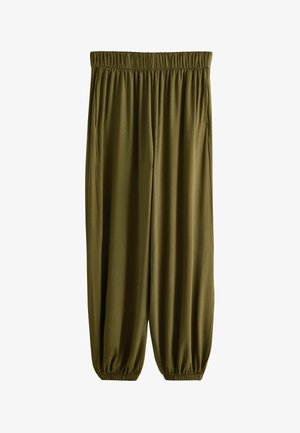 Pantalon ample vert olive avec taille élastique et poignets aux chevilles, doté de poches latérales et d’un tissu doux et fluide.