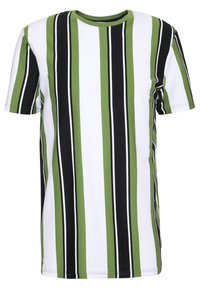 Koszulka w paski w kolorze zielonym, czarnym i białym, wykonana z bawełny, z krótkim rękawem i okrągłym dekoltem.
