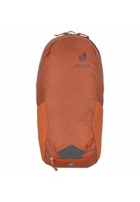 Orange Deuter backpack with textured fabric, front zipper pocket, and logo on upper front, shown against a white background.