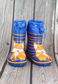 Les bottes de pluie en caoutchouc pour enfants présentent un design rayé bleu et orange avec un graphique de renard en dessin animé sur le devant. Partie supérieure avec cordon bleu ajustable.