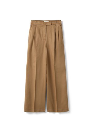 Pantalones de pernera ancha de talle alto en marrón claro con trabillas para cinturón, pinzas delanteras, bolsillos laterales y cierre frontal oculto.