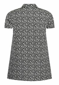 Black dress featuring a collared neck, short sleeves, and a white floral pattern throughout. Made from a lightweight fabric with an A-line shape.