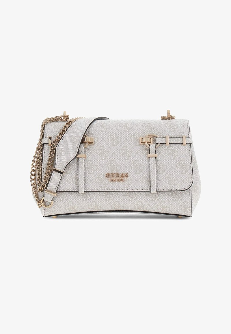 Helehall Guess käekott mustrilise logoga, kuldse tooni kett-rihmaga ja metallist logodeetailidega esiklapil.