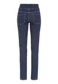 Tummansiniset farkut, joissa on sileä pinta, joustava vyötärö ja kaksi takataskua. Korostetut saumat ja slim fit -muotoilu.