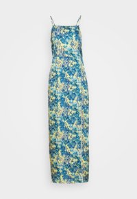 Maxikleid mit floralem Muster in Blau und Gelb, Spaghettiträgern, tailliertem Oberteil und fließendem Schnitt.