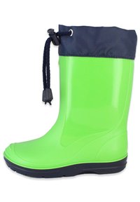 Groene rubberen regenlaars met een marineblauwe stoffen manchet, voorzien van een trekkoordsluiting en een gestructureerde zool voor grip. Gladde, glanzende afwerking.