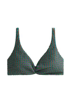 Bra top with colorful geometric striped pattern, featuring thin shoulder straps and a slight twist detail at the center front.