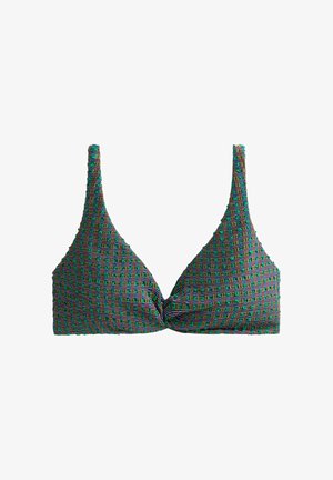 Bra top with colorful geometric striped pattern, featuring thin shoulder straps and a slight twist detail at the center front.