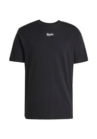 Black cotton t-shirt with short sleeves, round neck, featuring a white logo printed on the chest. Smooth texture, standard fit.