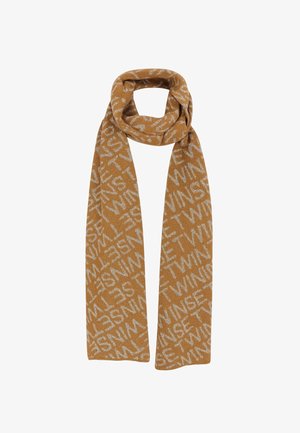 Sciarpa lavorata a maglia in senape con motivo testuale bianco che presenta la parola "TWINSET." Texture morbida, forma rettangolare lunga e finitura liscia.