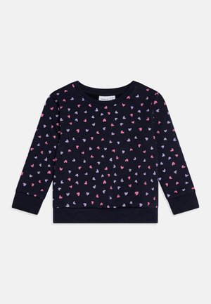 Felpa per bambina con maniche lunghe di colore blu navy, con motivi di cuori rosa e viola, polsini e orlo a costine, su sfondo bianco.