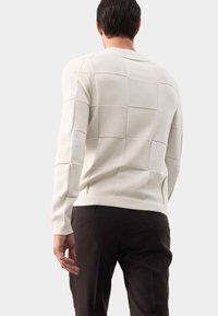 Hellbeige Pullover mit einem strukturierten Rautenmuster, Rundhalsausschnitt und langen Ärmeln, kombiniert mit dunklen Hosen. Sichtbare Nähte und Bündchen.
