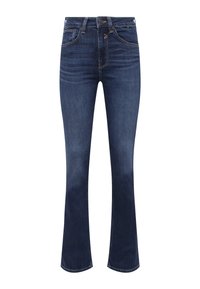 Dark blue denim flared jeans with a high waist, five pockets, and contrasting stitching. Features a button and zipper closure.