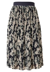 Plissékjol med ett mörkt blommönster i kräm- och gröna toner. Den har en fast svart elastisk midja för komfort.