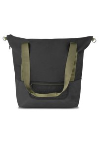 Schwarze Stofftasche mit olivgrünen Trägern, Reißverschluss-Vordertasche, strukturierten Oberflächen und geprägtem Logo auf der unteren Platte.