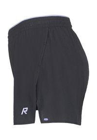 Shorts d'athlétisme noirs avec une taille élastique, des fentes sur les côtés et un logo réfléchissant violet. Tissu léger avec une surface texturée.