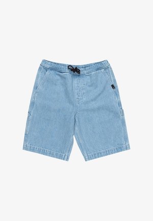 Shorts en denim bleu clair avec une taille élastique, un cordon de serrage ajustable et deux poches latérales. Comporte une poche cargo sur le côté.