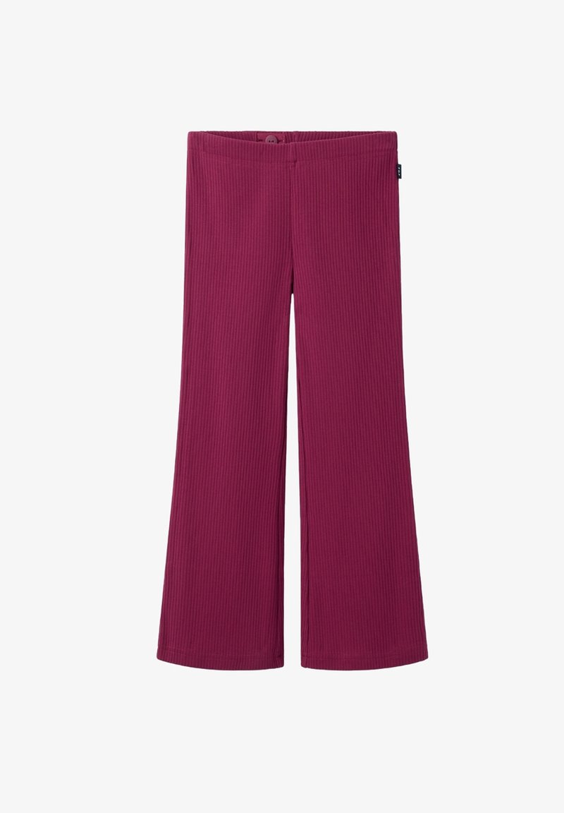 Bordeaux ribbade levebukser med elastisk talje og ingen synlig maskinvare. Blødt materiale med en struktureret finish overalt.