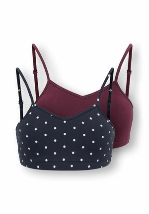 Due reggiseni canotta da donna con spalline sottili regolabili, uno blu scuro con pois bianchi e uno rosso scuro tinta unita.