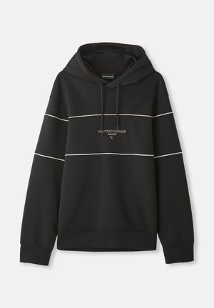 Black hooded sweatshirt with white horizontal stripes and "Emporio Armani Milano" text embroidered on the chest.