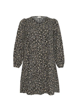 Juoda suknelė su V formos iškirpte, ilgomis putliomis rankovėmis ir A formos siluetu. Puošia išsklaidyta kreminės ir smėlinės spalvos abstrakti raštas.