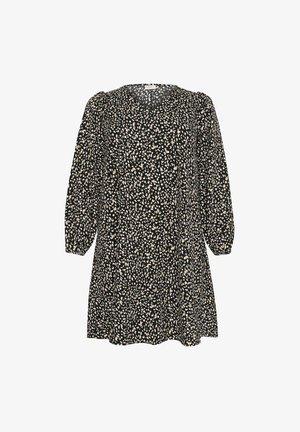 Black dress with a V-neck, long puff sleeves, and an A-line silhouette. Features a scattered beige and cream abstract pattern throughout.