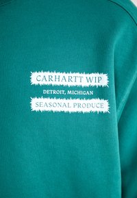 Zielona bawełniana bluza z białym haftem na której widnieje tekst: "CARHARTT WIP," "DETROIT, MICHIGAN," oraz "SEASONAL PRODUCE" w teksturowanym wzorze.