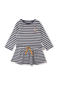Kleid für Kleinkinder mit navy- und weißen horizontalen Streifen, langen Ärmeln, orangefarbener Taillenschnürung und kleiner Eulenstickerei auf der Brust und an der Seite.