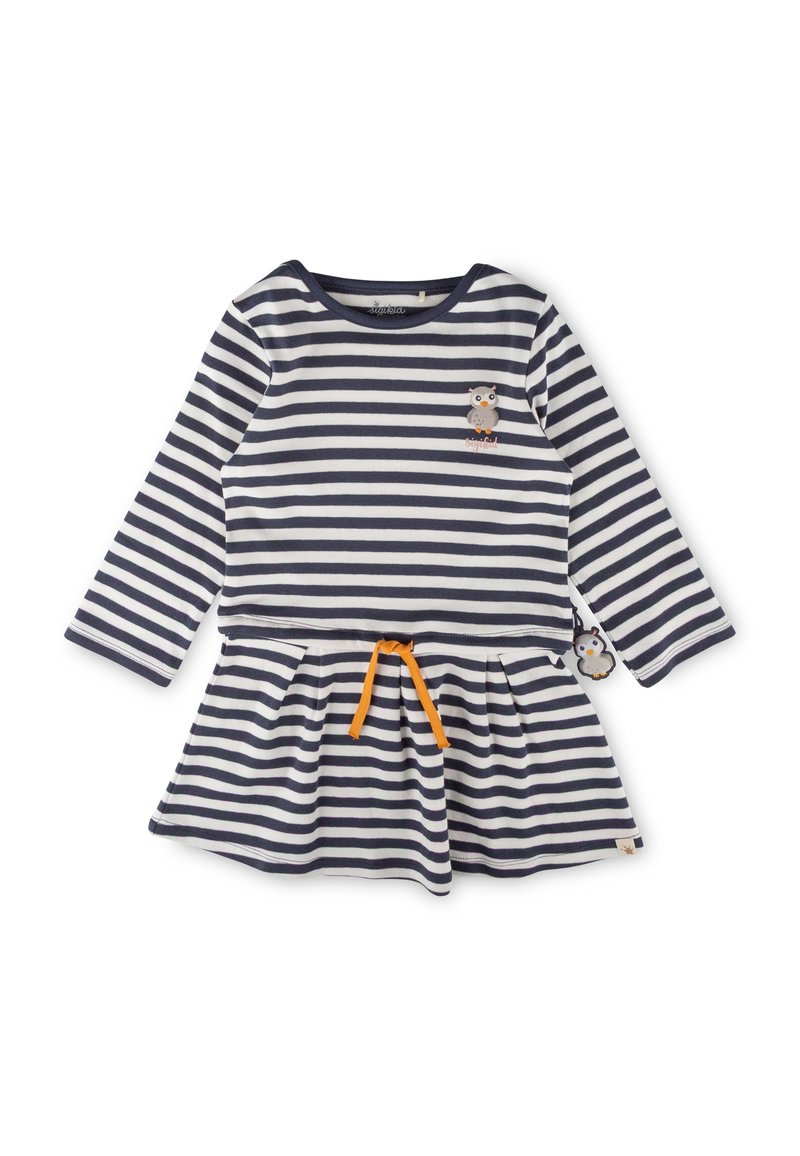 Kleid für Kleinkinder mit navy- und weißen horizontalen Streifen, langen Ärmeln, orangefarbener Taillenschnürung und kleiner Eulenstickerei auf der Brust und an der Seite.