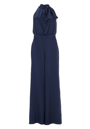 Navy jumpsuit met een hoge kraag en een gestrikt detail op de schouder. Gemaakt van een gladde stof, met wijde broekspijpen en een elastische tailleband.