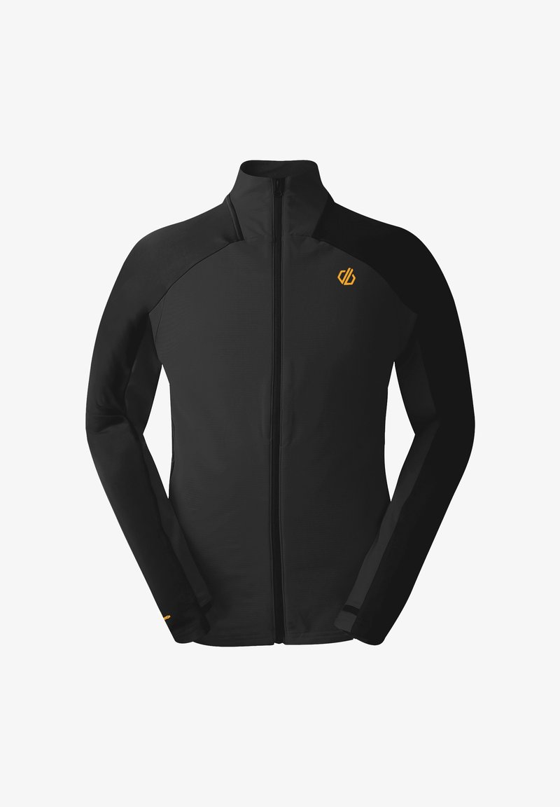 Černá zipová bunda s přiléhavým střihem. Má kontrastní rukávy, vysoký límec a malé oranžové logo na hrudi.