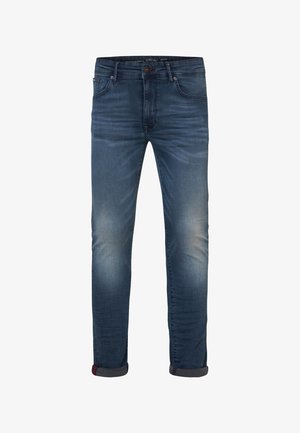 Dunkelblaue Denim-Jeans mit leichter Abnutzung, geradem Schnitt, leicht hochgerollten Säumen, fünf Taschen und kontrastierenden Nähdetails.