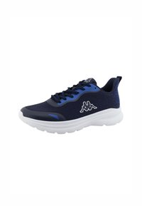 Marineblaue Sportschuhe mit blauen Akzenten, Obermaterial aus Mesh, strukturierte Oberfläche, weiße Sohle und Logodetails an der Seite.