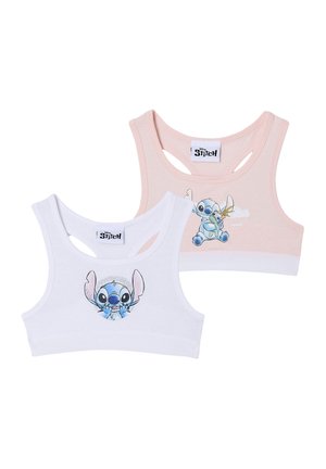 Two children's sports bras, one white with Stitch face graphic, one pink with Stitch holding a butterfly, both sleeveless with racerback style.