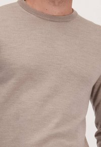 Licht beige sweater van zachte stof, met een geribbelde ronde halslijn en lange mouwen, met een gladde textuur en een minimalistisch ontwerp.