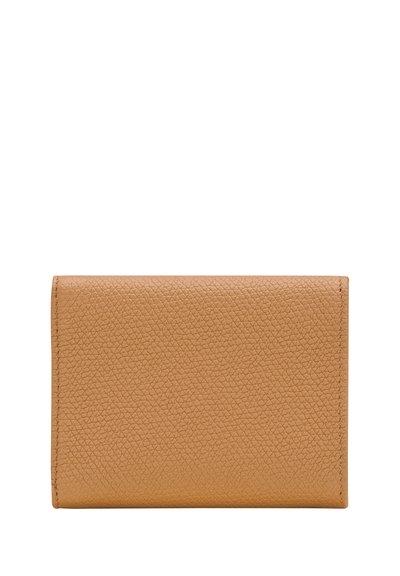 Textured tan leather wallet with a bi-fold design, featuring rounded corners and visible stitching along the edges. Compact and sleek.