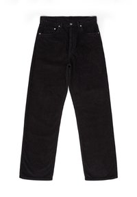 Black corduroy pants with a straight leg, featuring five pockets, a button fly, and subtle vertical ridges in the fabric texture.