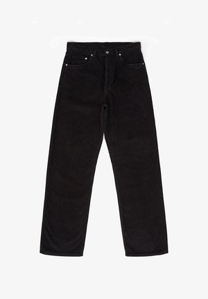 Black corduroy pants with a straight leg, featuring five pockets, a button fly, and subtle vertical ridges in the fabric texture.