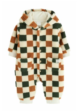 Tutina in pile con cappuccio per neonati con fantasia a quadri marrone, verde e crema e chiusura frontale con bottoni.